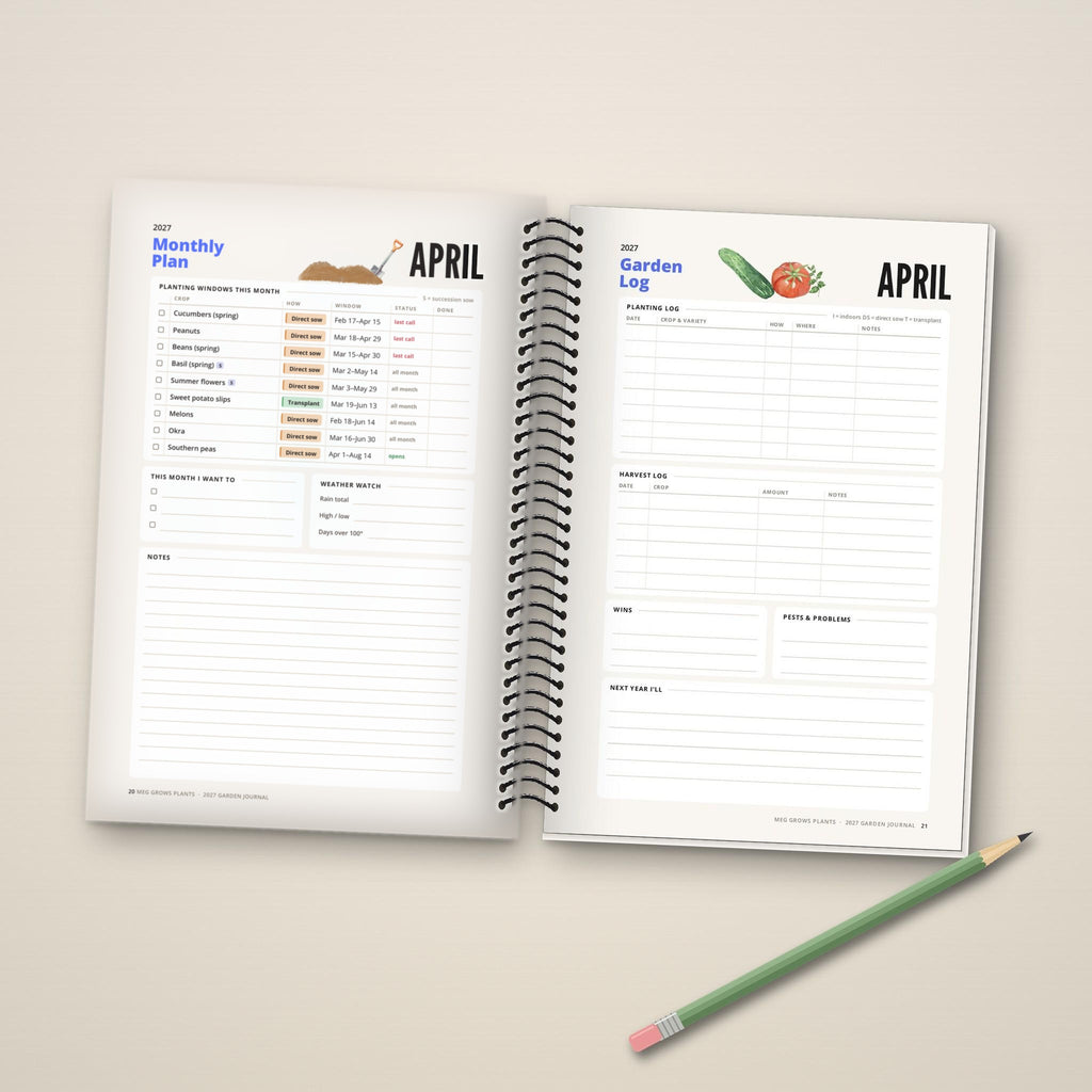 2027 Garden Journal, Zone 10 Desert Southwest edition: inside pages with the April planting plan