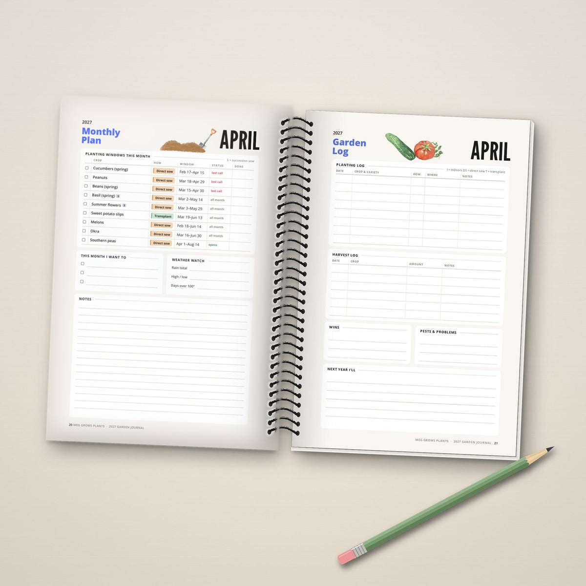 2027 Garden Journal, Zone 10 Desert Southwest edition: inside pages with the April planting plan