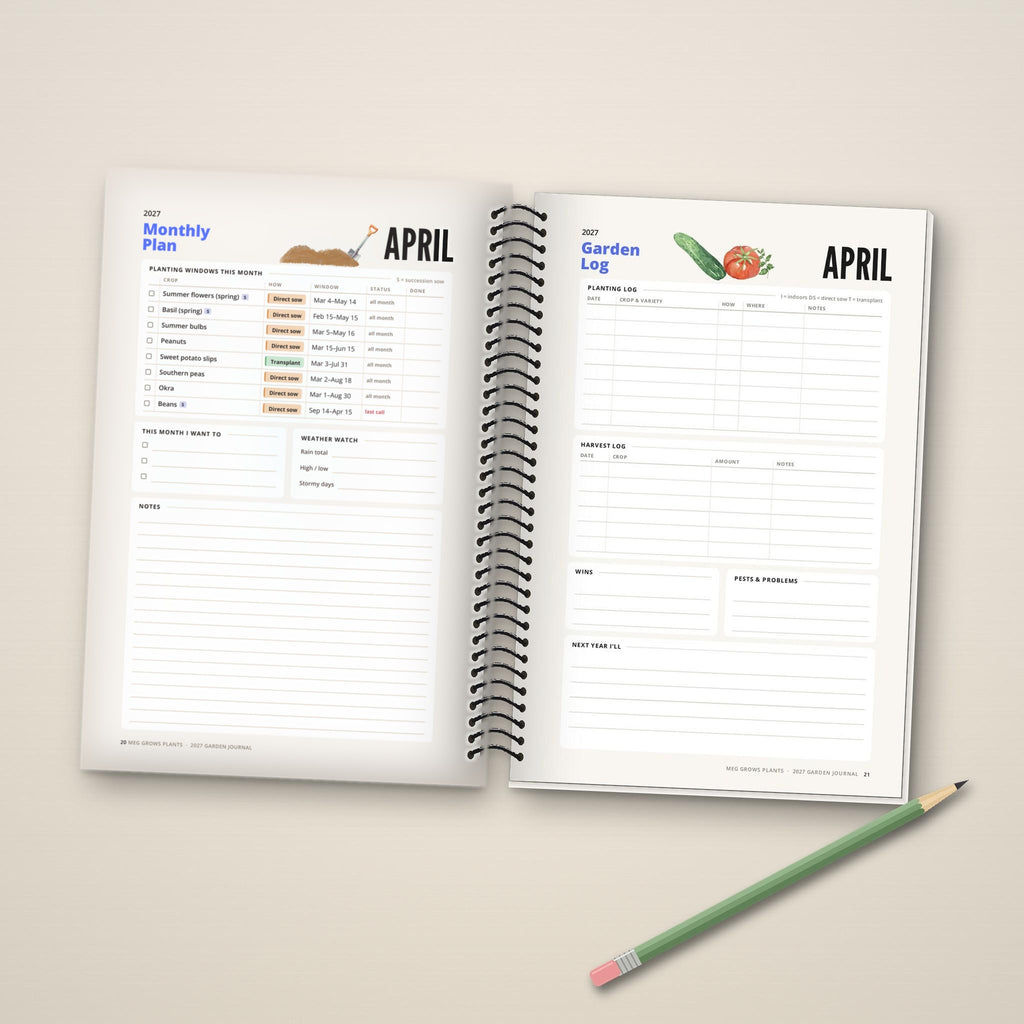 2027 Garden Journal, Zone 10 Florida edition: inside pages with the April planting plan