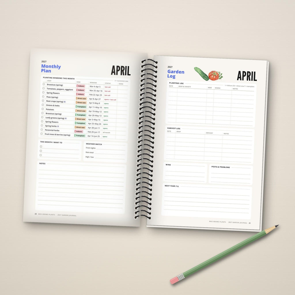 2027 Garden Journal, Zone 3 edition: inside pages with the April planting plan