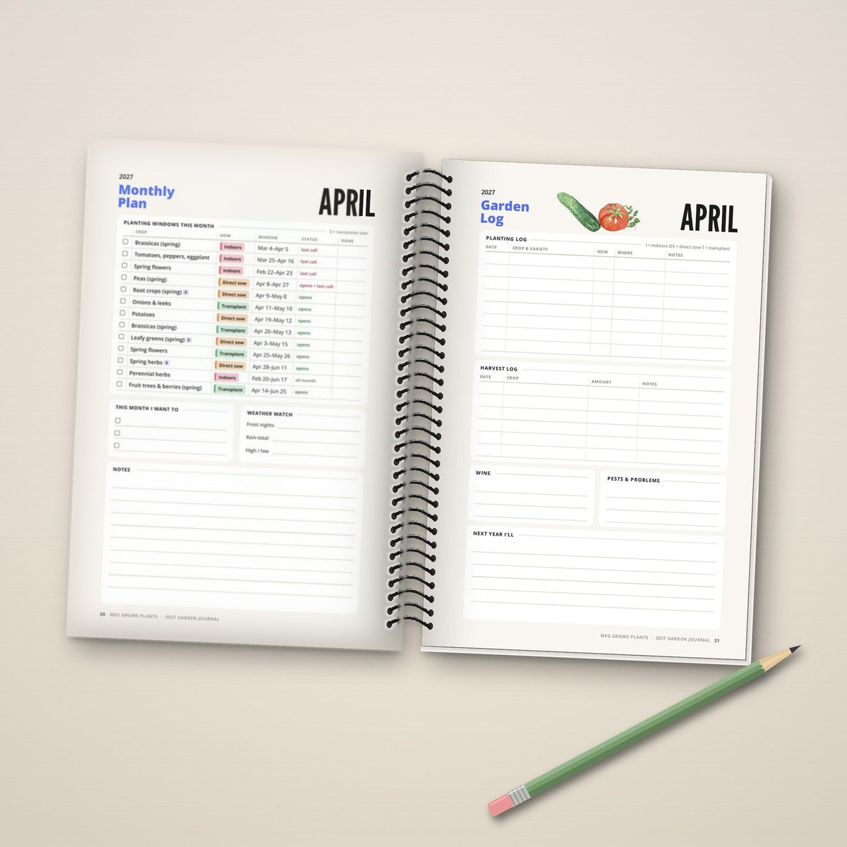 2027 Garden Journal, Zone 3 edition: inside pages with the April planting plan