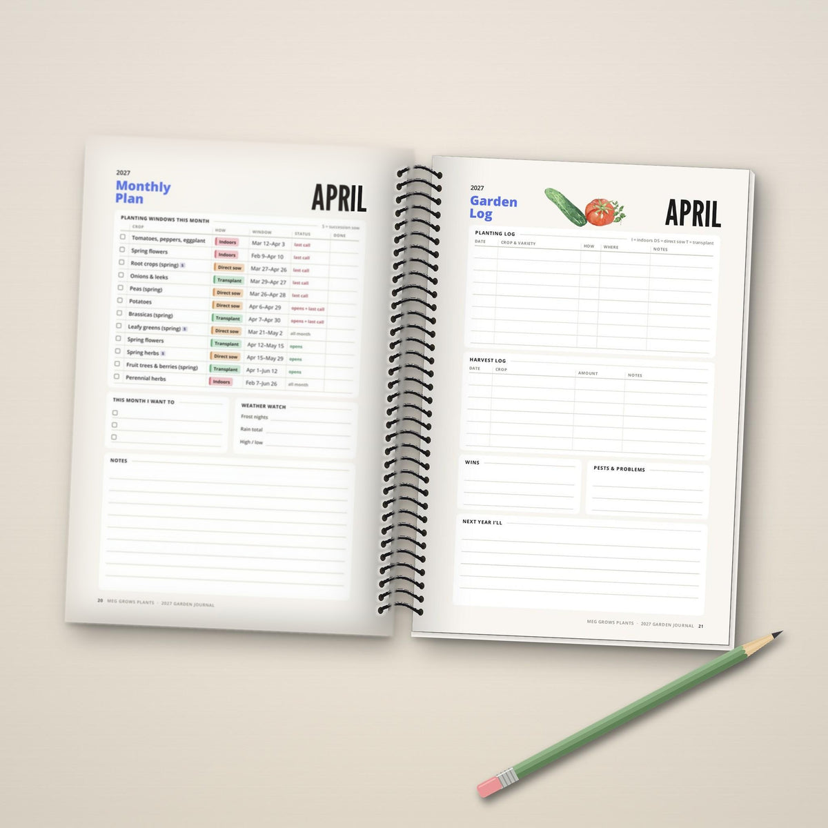 2027 Garden Journal, Zone 5 edition: inside pages with the April planting plan