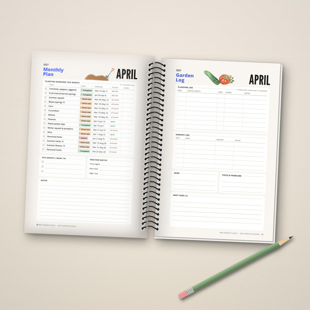 2027 Garden Journal, Zone 9 edition: inside pages with the April planting plan