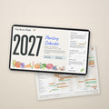 2027 Zone 10 Desert Southwest Planting Calendar digital download on a tablet, with the printable Year-at-a-Glance planting windows sheet