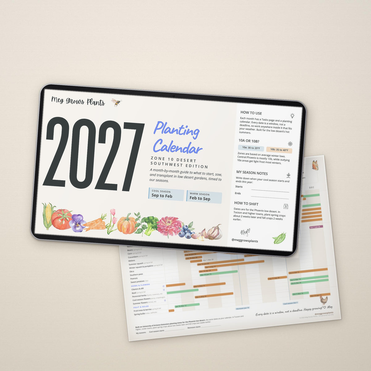 2027 Zone 10 Desert Southwest Planting Calendar digital download on a tablet, with the printable Year-at-a-Glance planting windows sheet