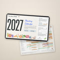 2027 Zone 10 Florida Planting Calendar digital download on a tablet, with the printable Year-at-a-Glance planting windows sheet