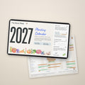 2027 Zone 10 Southern California Planting Calendar digital download on a tablet, with the printable Year-at-a-Glance planting windows sheet