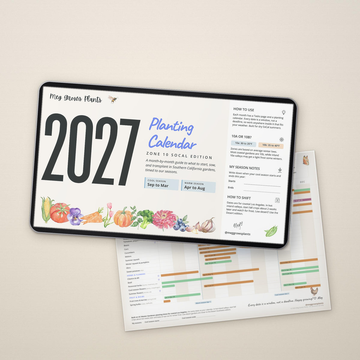 2027 Zone 10 Southern California Planting Calendar digital download on a tablet, with the printable Year-at-a-Glance planting windows sheet