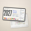 2027 Zone 3 Planting Calendar digital download on a tablet, with the printable Year-at-a-Glance planting windows sheet
