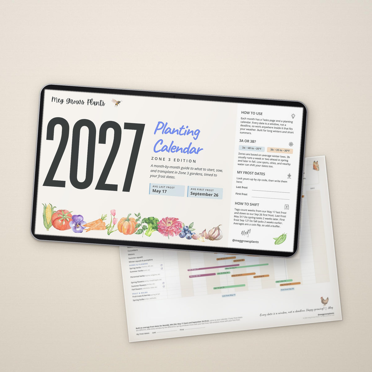 2027 Zone 3 Planting Calendar digital download on a tablet, with the printable Year-at-a-Glance planting windows sheet