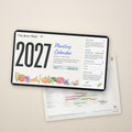 2027 Zone 4 Planting Calendar digital download on a tablet, with the printable Year-at-a-Glance planting windows sheet