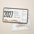2027 Zone 9 Planting Calendar digital download on a tablet, with the printable Year-at-a-Glance planting windows sheet