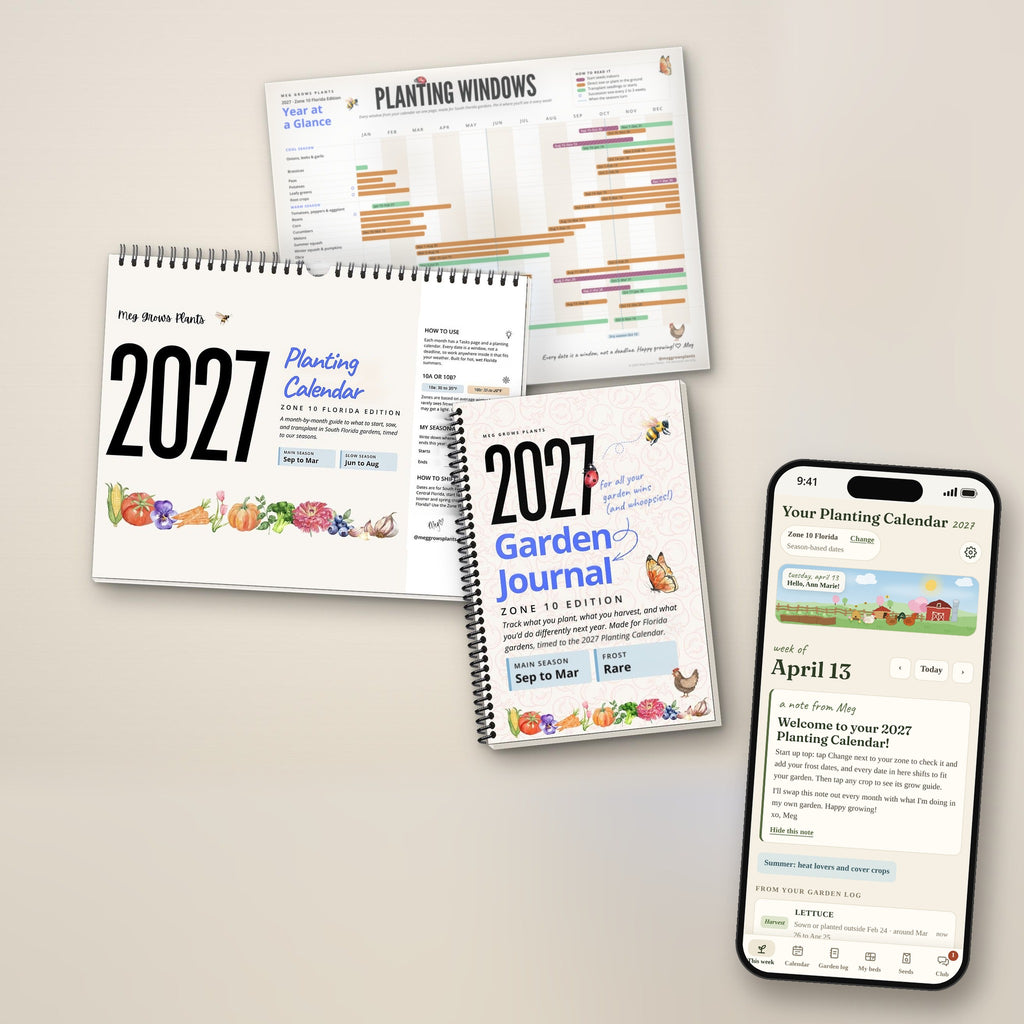 2027 Zone 10 Florida Garden Bundle: printed Planting Calendar, Garden Journal, the Year-at-a-Glance printable and the Planting Calendar App on a phone