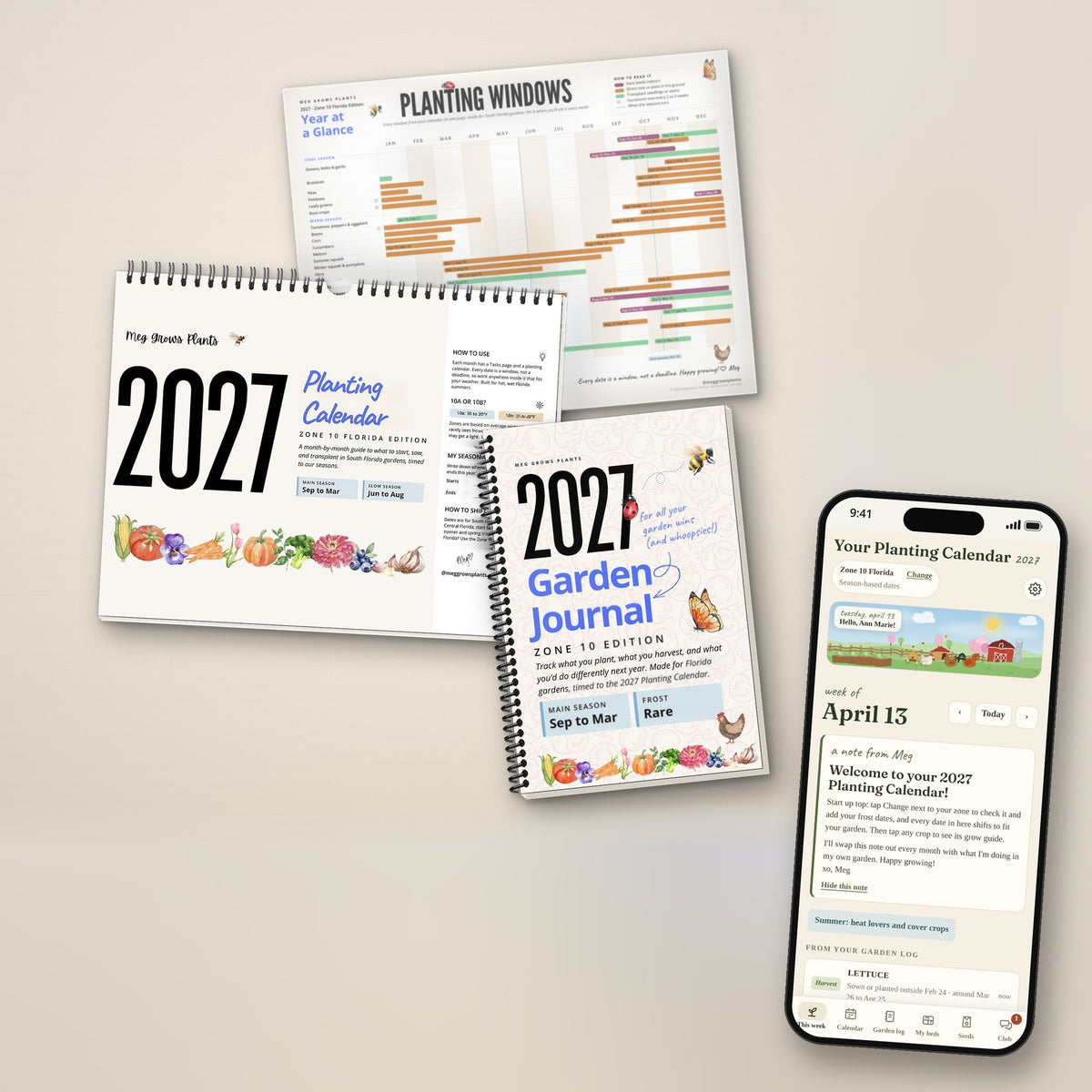 2027 Zone 10 Florida Garden Bundle: printed Planting Calendar, Garden Journal, the Year-at-a-Glance printable and the Planting Calendar App on a phone