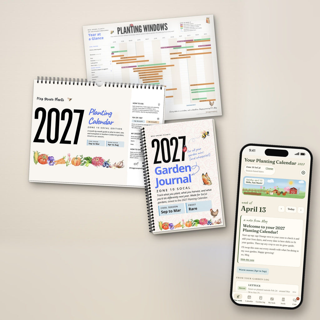 2027 Zone 10 Southern California Garden Bundle: printed Planting Calendar, Garden Journal, the Year-at-a-Glance printable and the Planting Calendar App on a phone