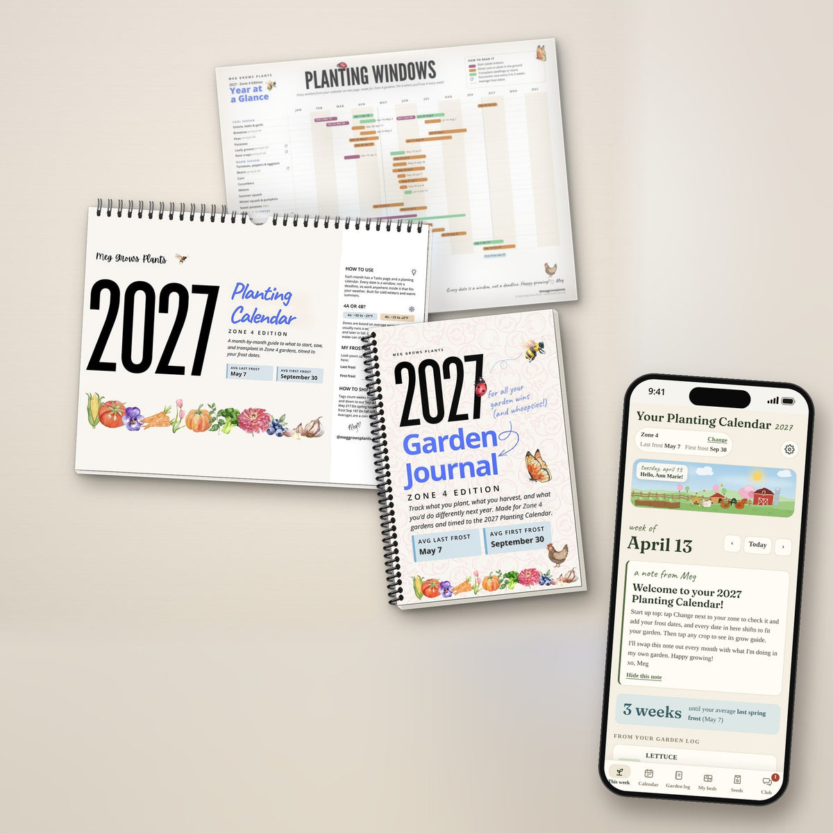 2027 Zone 4 Garden Bundle: printed Planting Calendar, Garden Journal, the Year-at-a-Glance printable and the Planting Calendar App on a phone