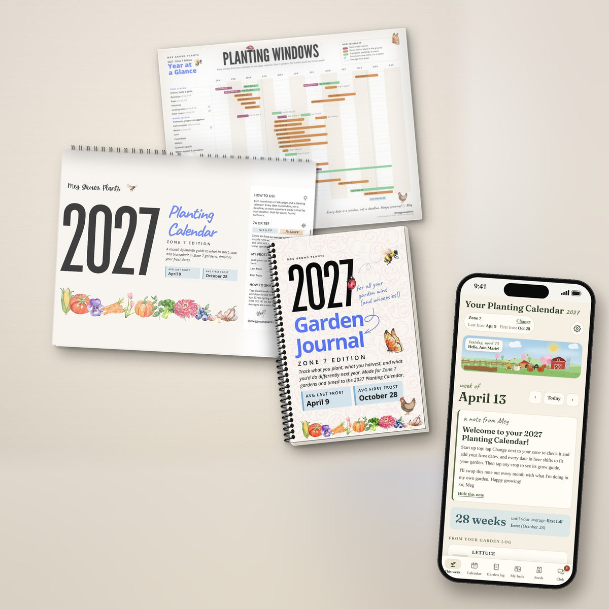 2027 Zone 7 Garden Bundle: printed Planting Calendar, Garden Journal, the Year-at-a-Glance printable and the Planting Calendar App on a phone