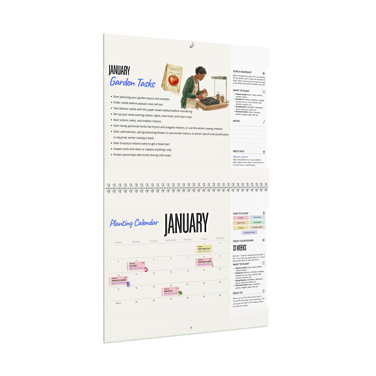 2027 Zone 8 Planting Calendar by Meg Grows Plants, printed wall calendar