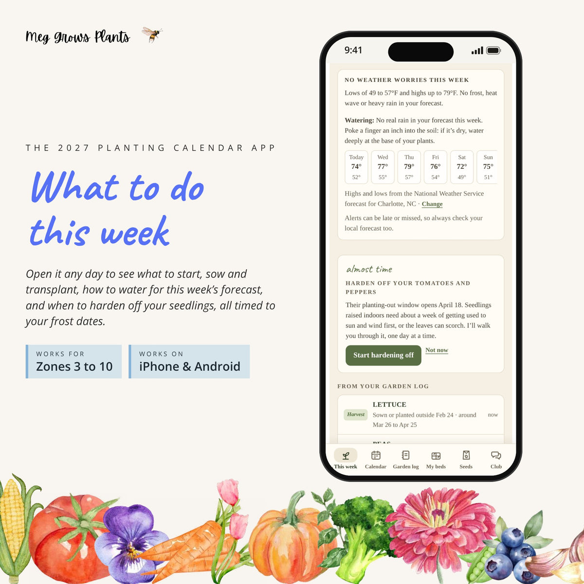 This week screen in the app: what to start indoors, sow and transplant this week, with a weather card and watering tip
