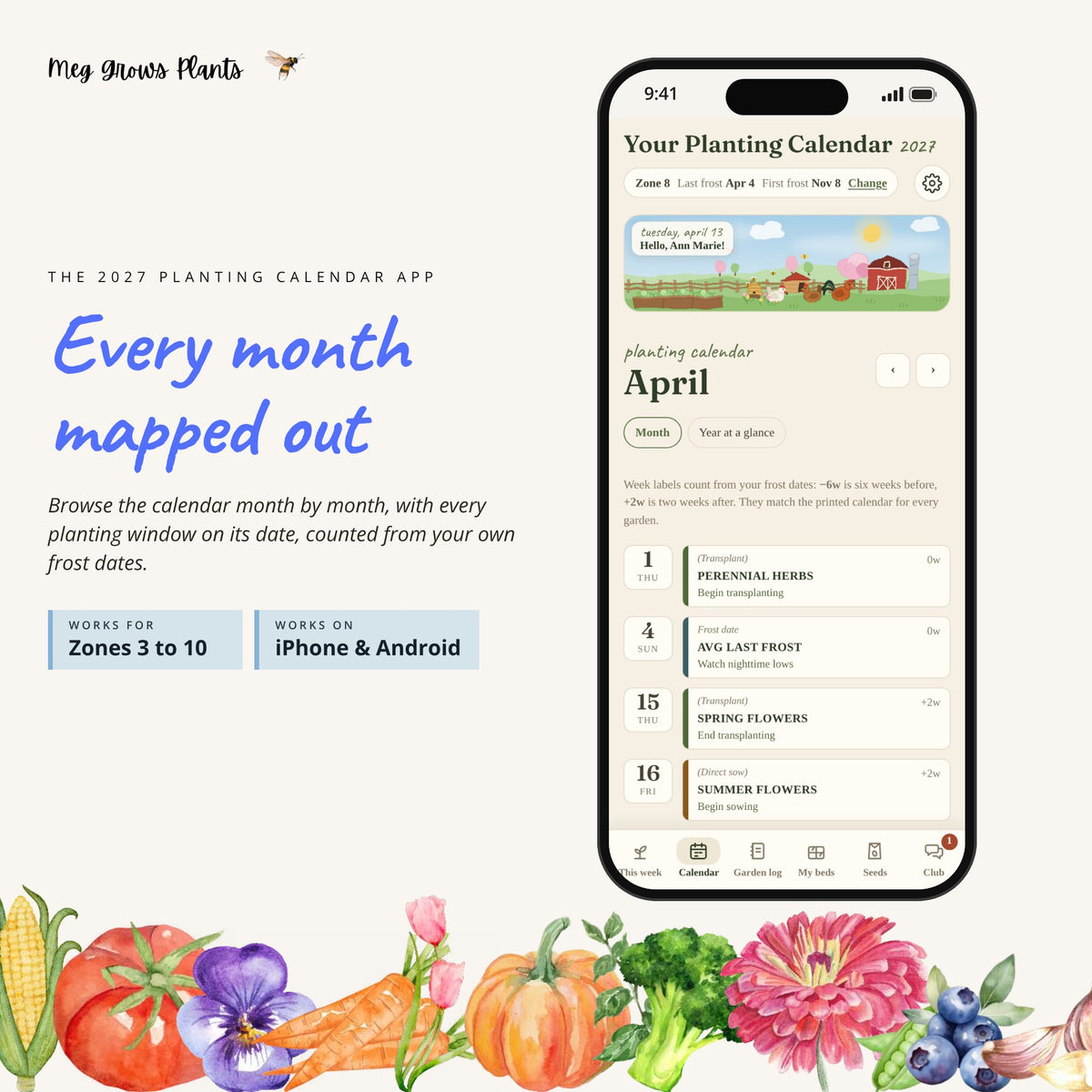 Calendar screen: every planting window on its date, month by month