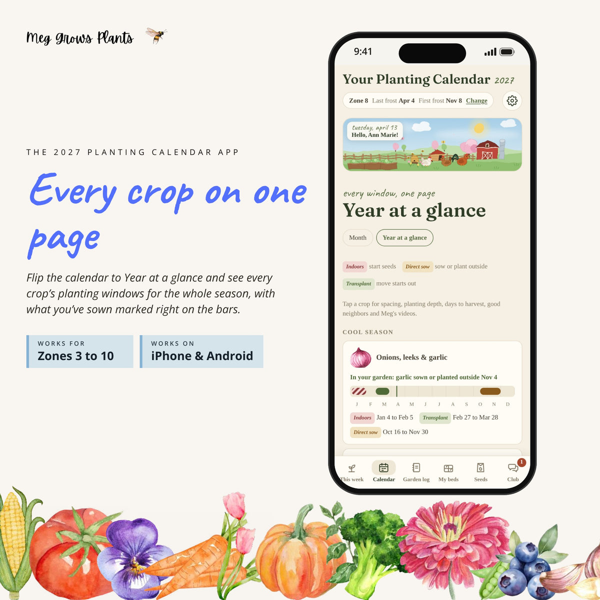 Year at a glance screen: every crop's planting windows on one page