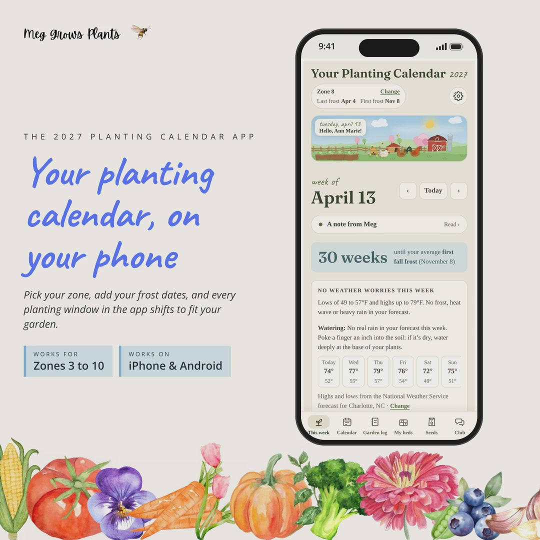 How the 2027 Planting Calendar App works: an 82-second walkthrough of this week, your garden setup, the calendar, grow guides, the garden log, pantry and journal, beds, seeds and seed trays, Meg's Garden Club and the Cozy farm look